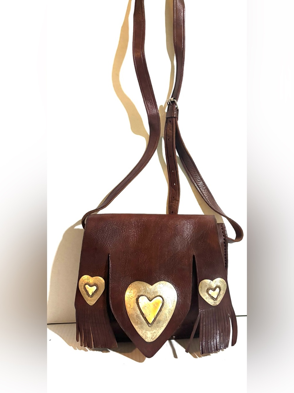 Vintage handmade Brown Leather Crossbody with Gold Heart Accents